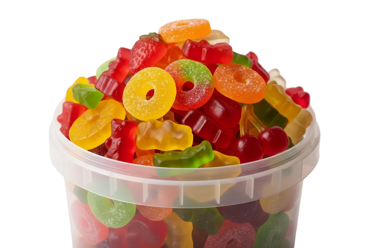 dursichter Eimer gefüllt mit Fruchtgummi