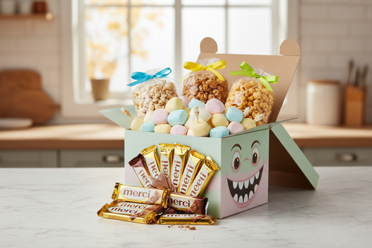 candyschnapperbox gefüllt mit merci schokolade, popcorn, marshmallow