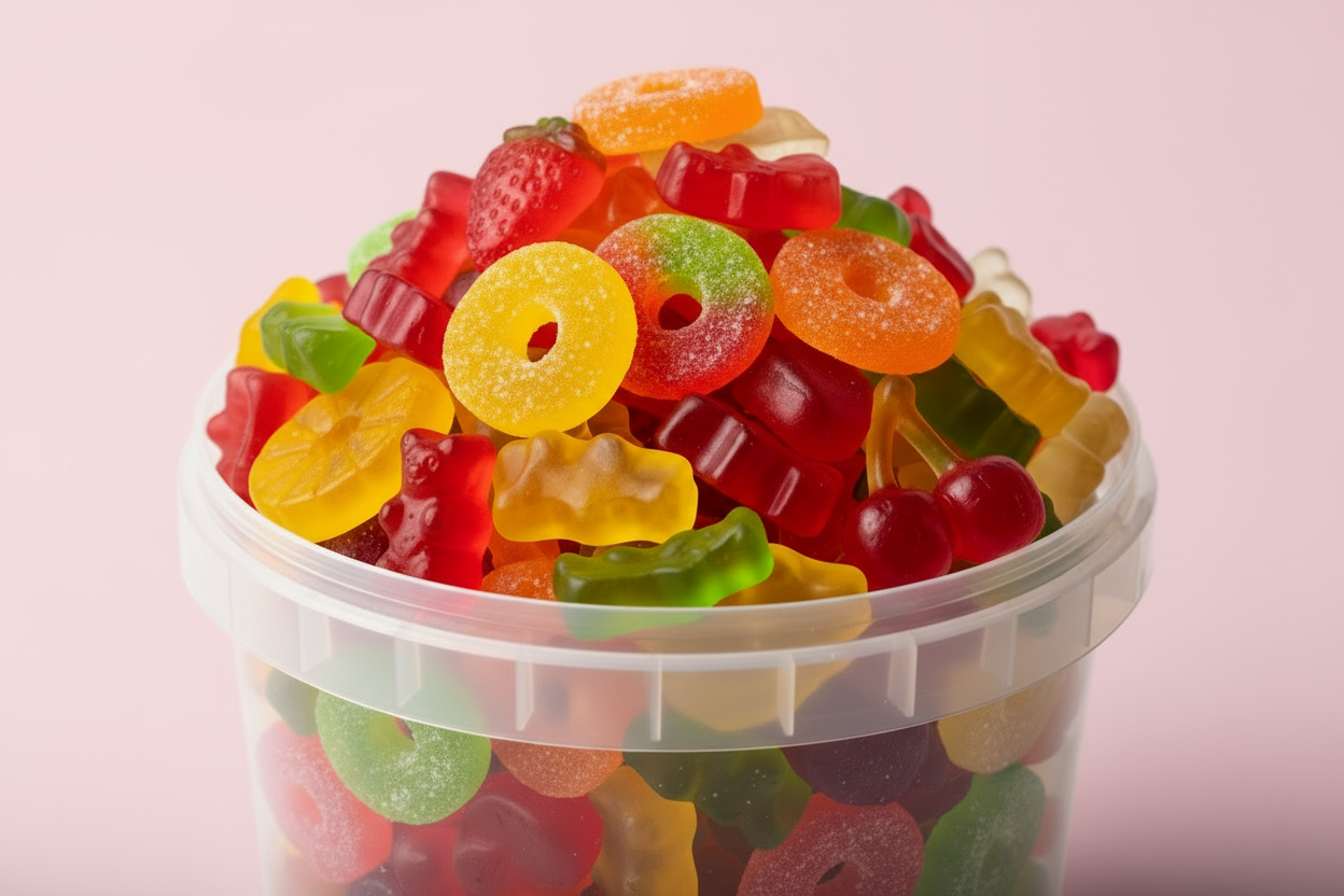 dursichter Eimer gefüllt mit Fruchtgummi