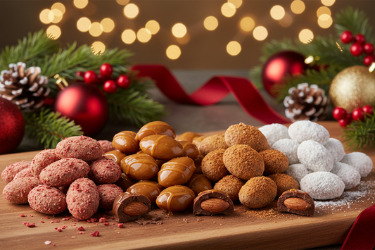 vollmichschokoladen mandeln mit geschmack erdbeer karamell zim und puderzucker weihnachtlicher hintergrund